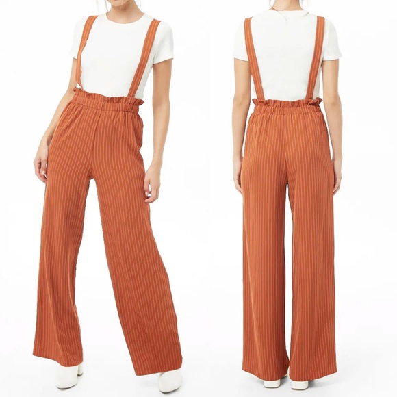 Rust Pinstriped Suspender Wide Leg Paperbag Pants - Picture 2 of 7